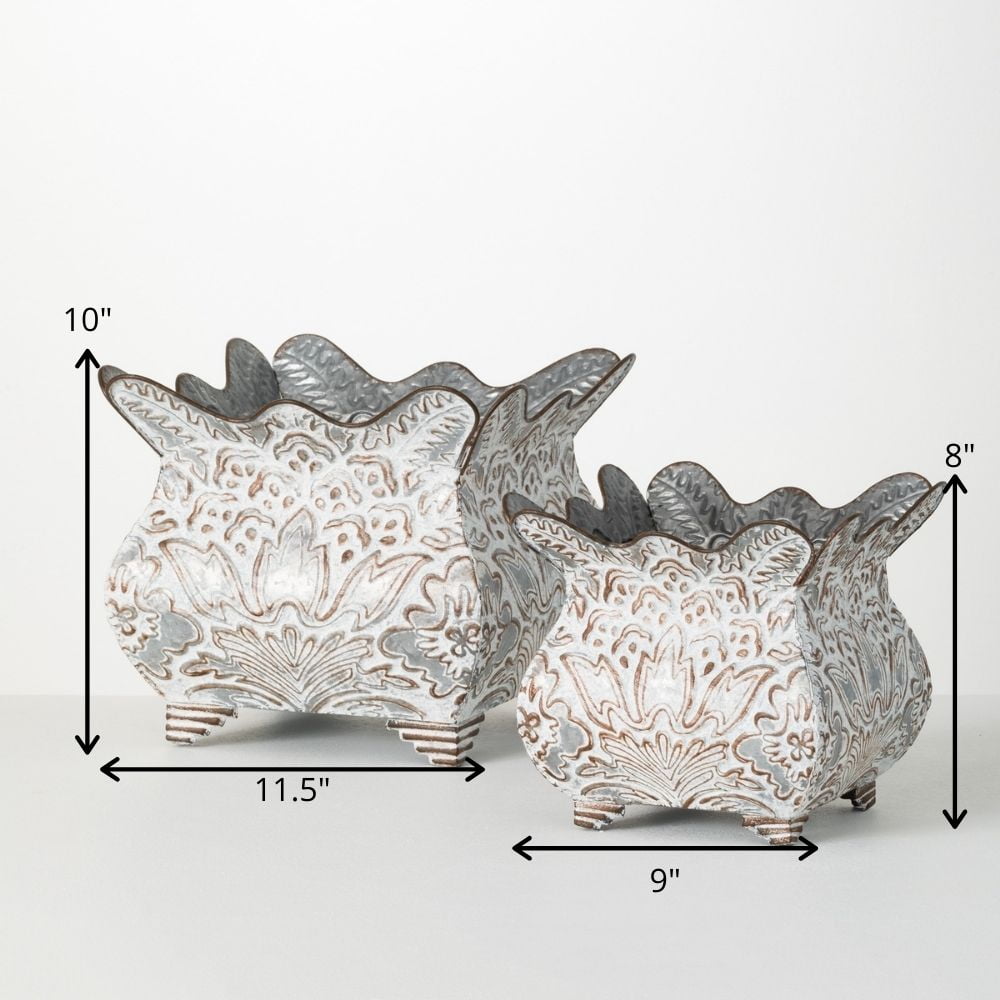 Sullivans Flourish Scalloped Metal Planter Set of 2, 10"H & 8"H Gray