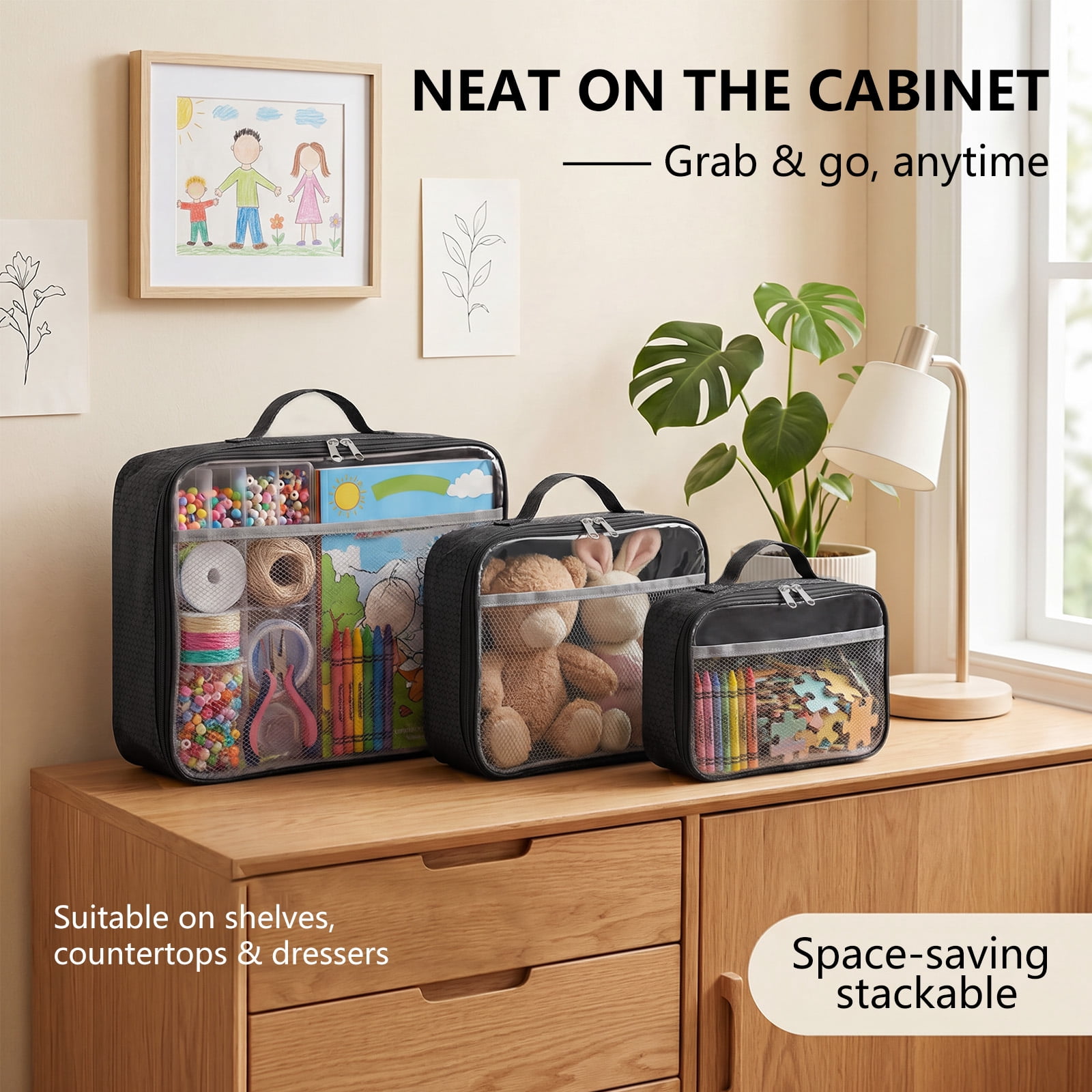 3 Packs PVC Toy Storage Organizer with Zipper Name Tag & Manual Pocket, Clear Durable Case for Blocks Clay Board Games Travel