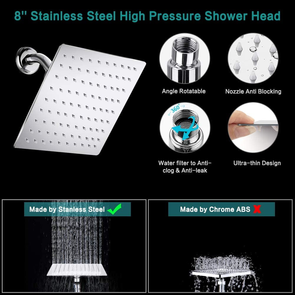 8 inch Rain Shower head with 11” Adjustable Extension Arm High Pressure Chrome