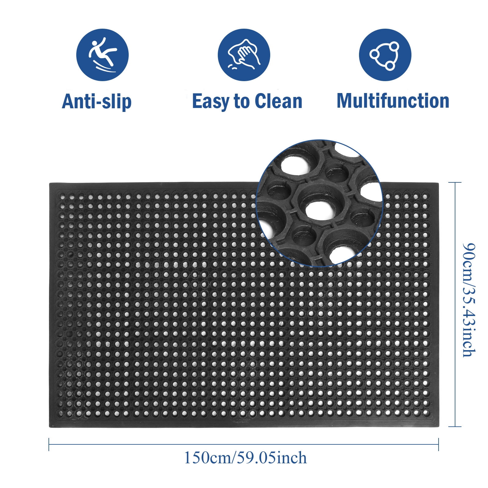 OVYEOFR Rubber Drainage Mat, Commercial Kitchen Restaurant Mats, Non-Slip Anti-Fatigue Doormat for Bathroom Garage Pool Indoor Outdoor, 60" x 36"