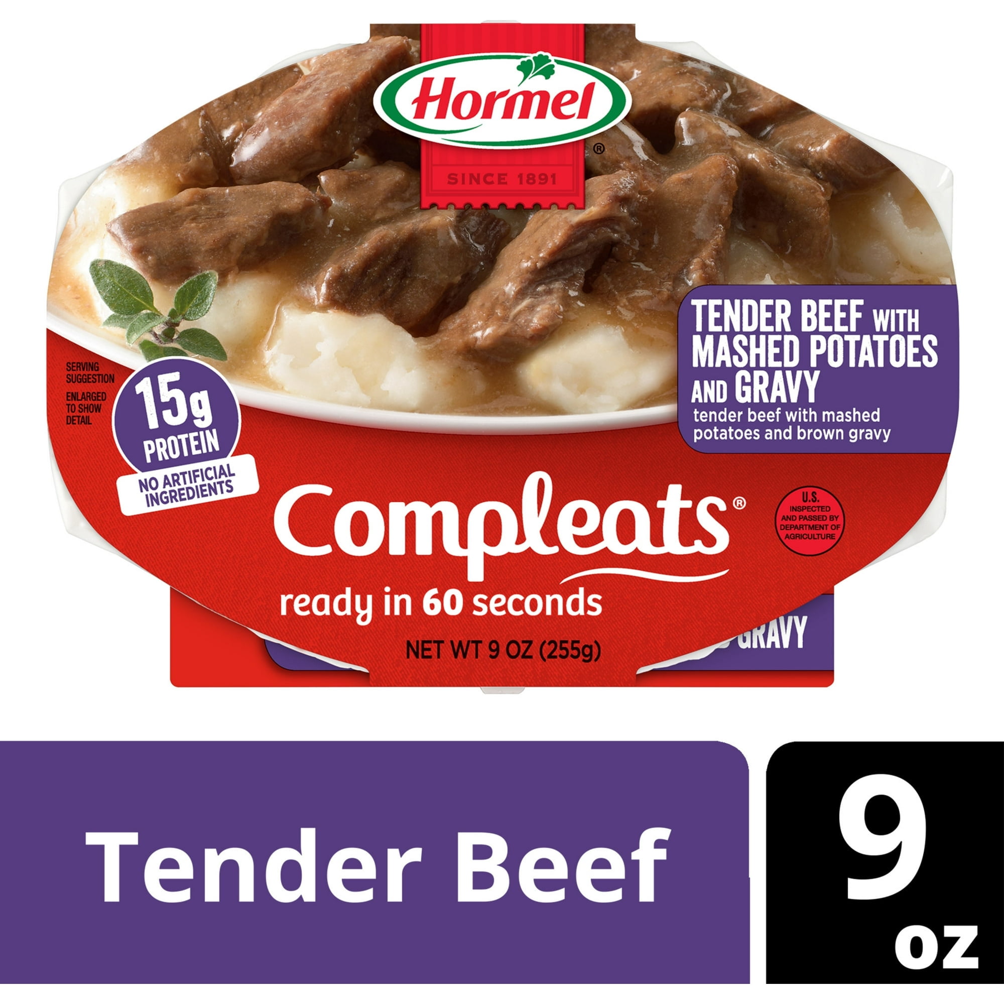 HORMEL COMPLEATS Tender Beef and Mashed Potatoes with Gravy, Shelf Stable, 9 oz Plastic Tray (3 Pack)