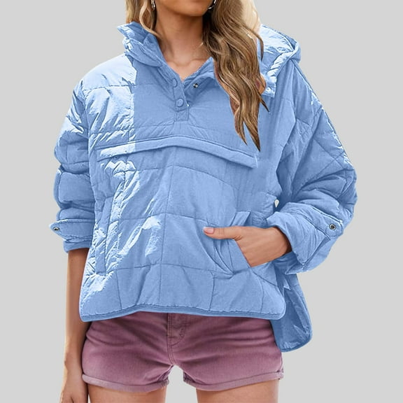 jtjvou Oversized Puffer Jacket for Women Long Sleeve Hooded Pullovers Casual Lightweight Winter Warm Quilted Coat Tops Blue S