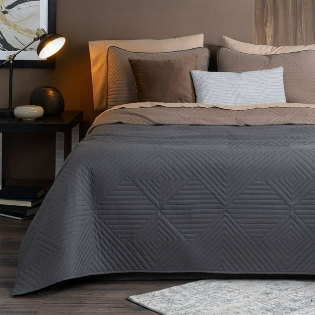 Edredón Ligero Real Textil + 2 Fundas de Almohada, Juego de Colcha King Size, Color Gris Oscuro/Cafe