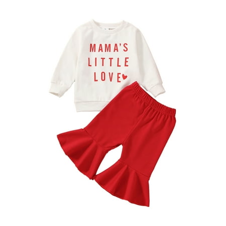 

Jamlynbo 2Pcs Newborn Baby Girl Valentines Day Outfit Letter Print Crewneck Sweatshirt Flared Pants Bell Bottoms Set 0-24M