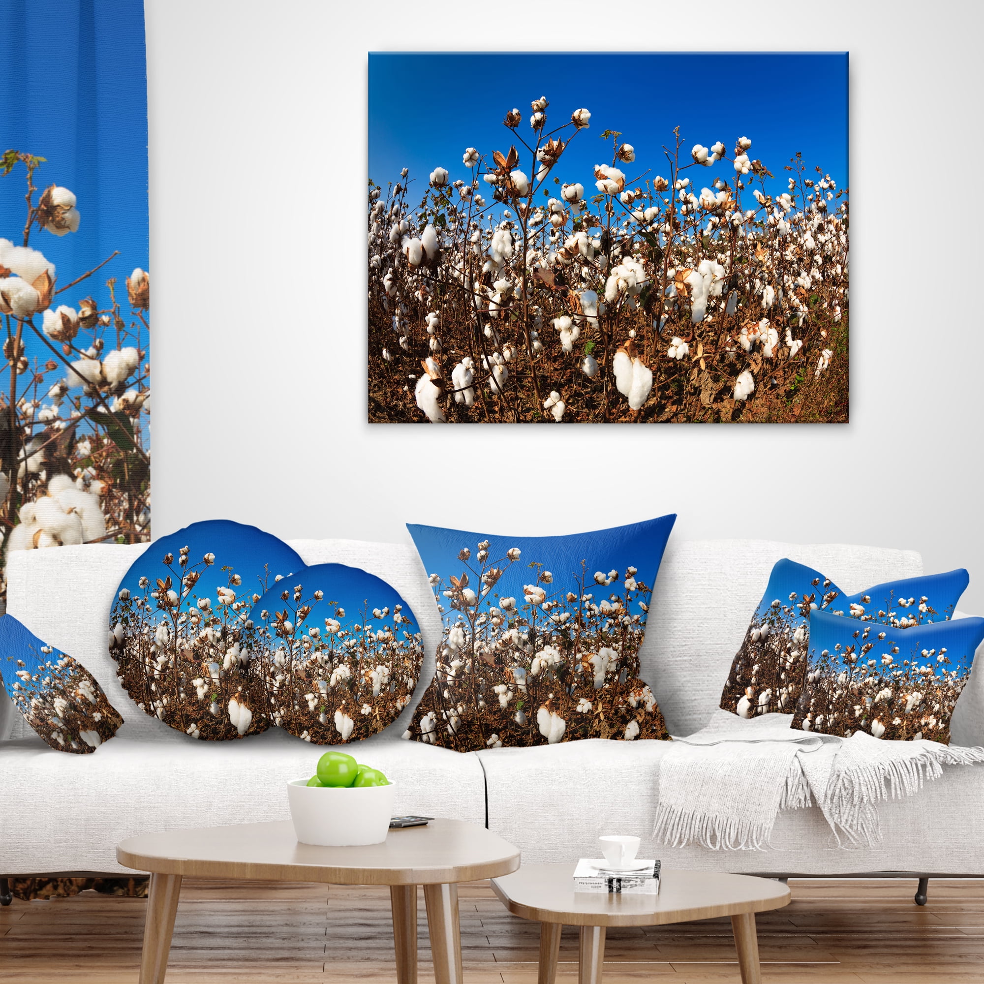 Designart Blooming Alabama Cotton Field - Landscape Printed Throw Pillow - 18x18