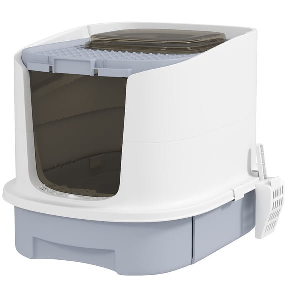 Covered Cat Litter Box with Lid, Top Entry & Drawer - Odor Control, Easy Clean, Gray
