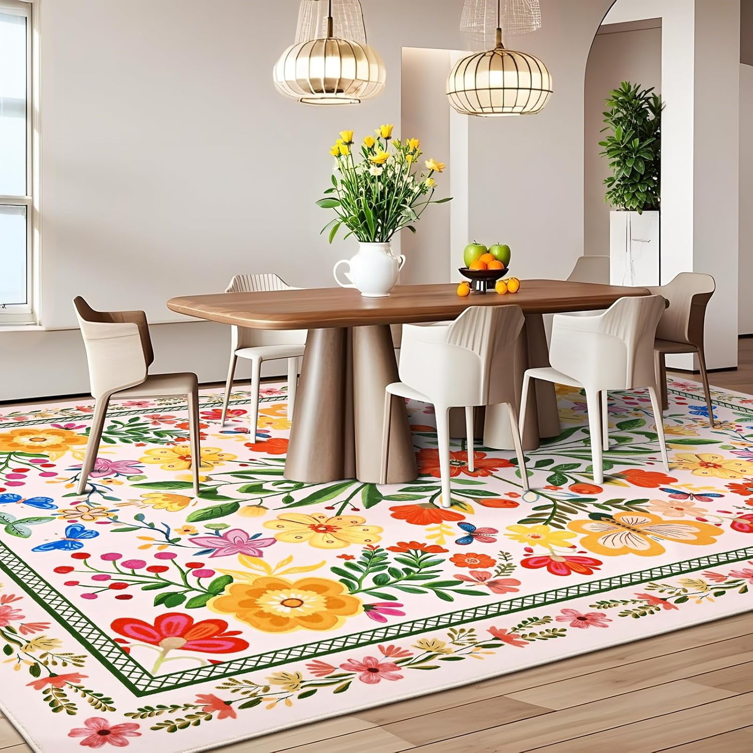 Bleum Cade 8'x10' Area Rugs for Living Room, Washable Rugs Modern Rugs for Bedroom Dinning Room,Boho Floral Rug Ultra Soft Non Slip Durable Large Carpet Home Decor,Beige