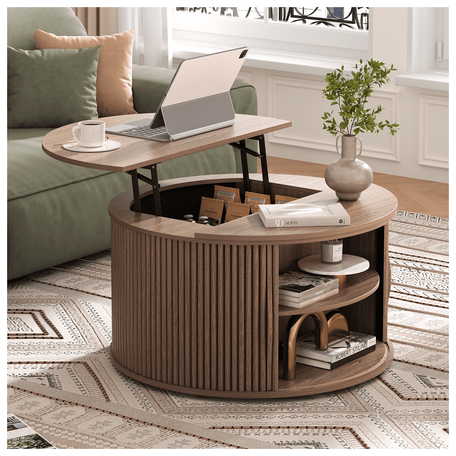 JOINICE Round Coffee Table with Lift Top,Mid Century Modern Wood Center Table with Storage,for Living Room,Walnut