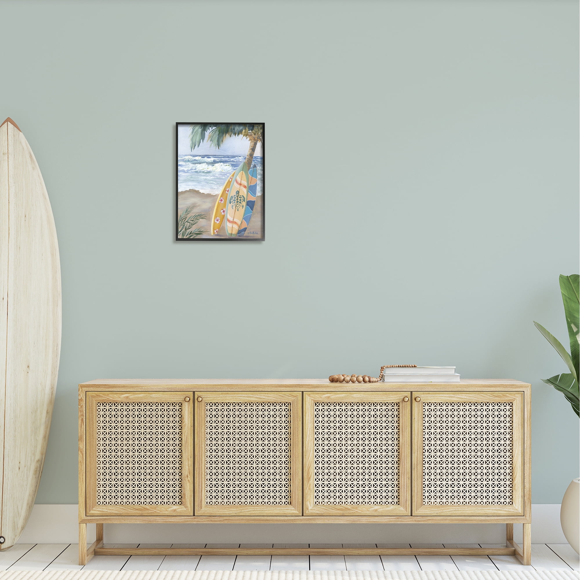 Stupell Fun Summer Surfboards Leaning Palm Tree Landscape Painting Black Framed Art Print Wall Art