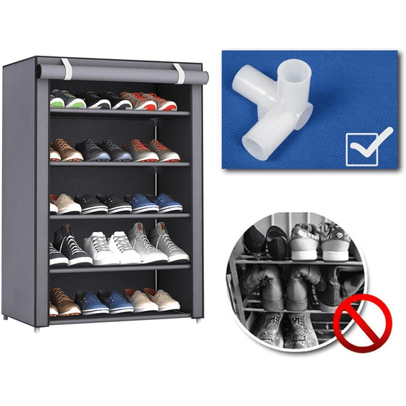 6 Tier Vertical Narrow Shoe Rack, Holds 15 Pairs - Dustproof Non-Woven Cover, Grey for Closet/Entryway