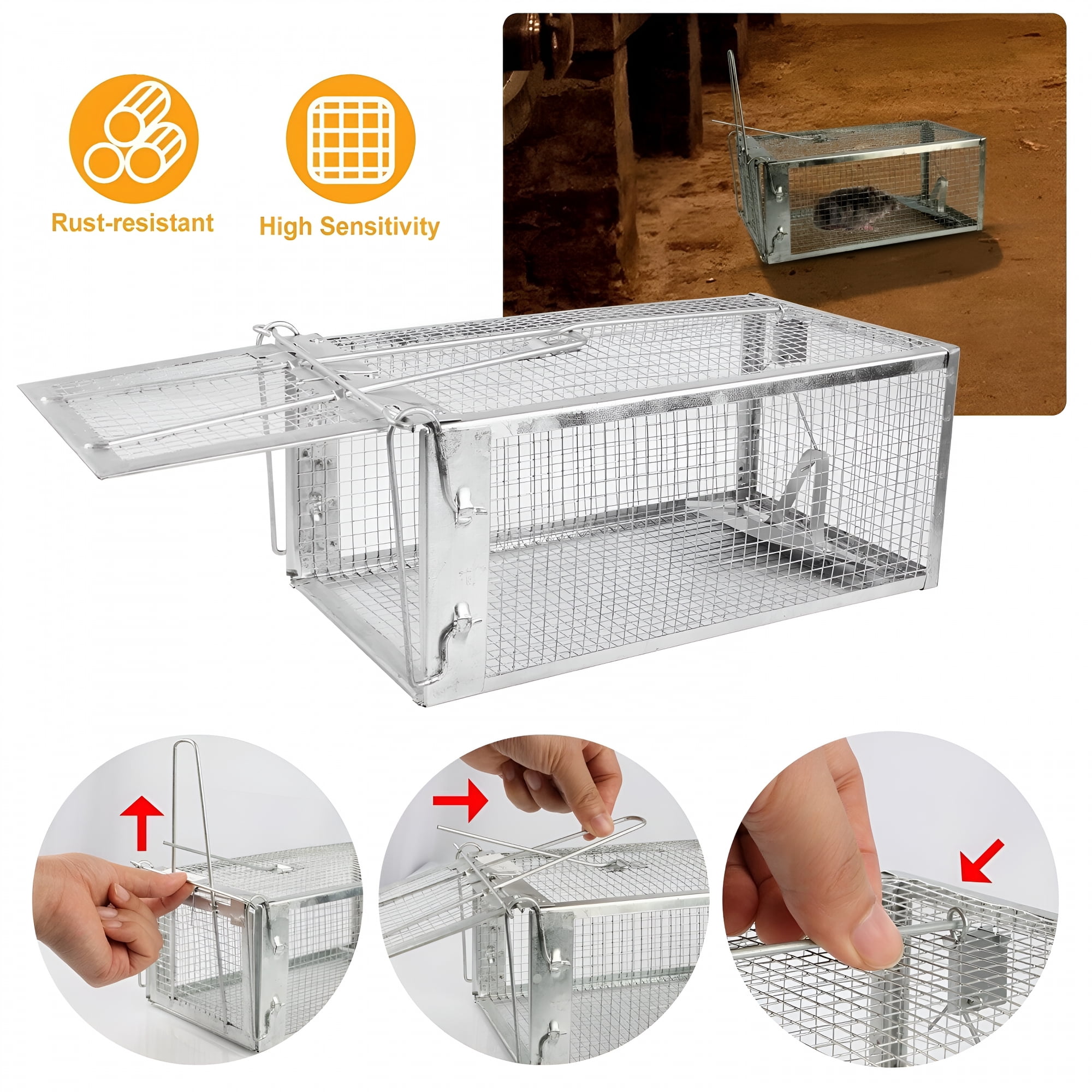 ACDANC 1-Door Humane Live Animal Trap, Galvanized Iron Catch and Release Cage for Squirrels, Chipmunks, Mice, and Rats, Silver
