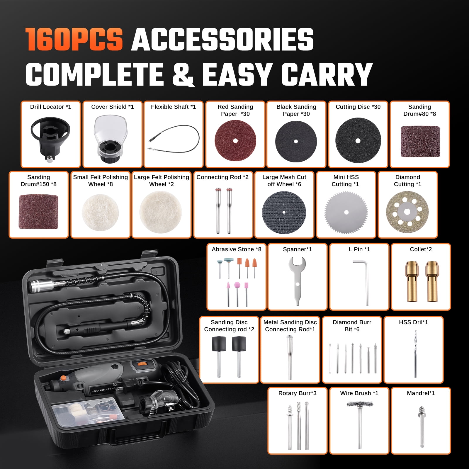 SPEEDWOW Rotary Tool Kit, Corded Power Rotary with Flex Shaft & 160 Accessories Tools, Variable Speed 33000RPM Electric Drill Set for Handmade Crafting Projects and DIY