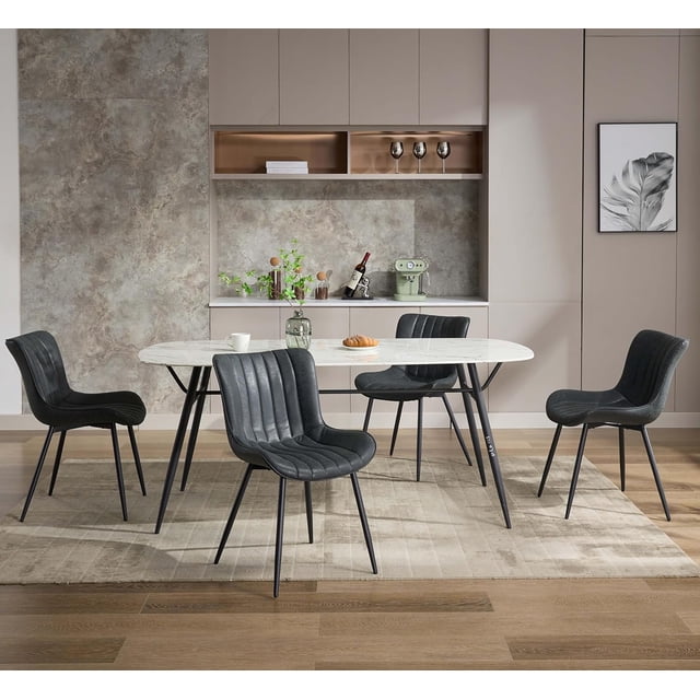 COZONY Mid Century Dining Chairs Set of 2, PU Upholstered Kitchen Chairs with Metal Legs & Backrest, Modern Armless Chairs for Kitchen, Dining Room, Living Room, Max Load 300Lbs, White