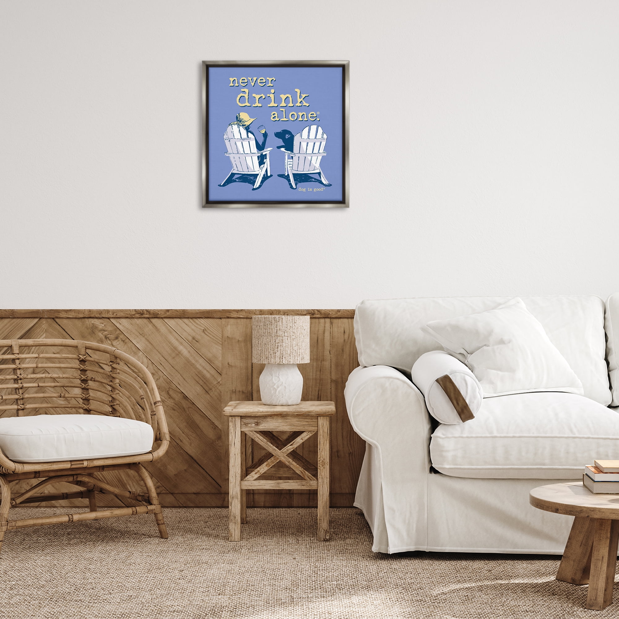 Stupell Industries Girl & Dog Drink Alone Animals Painting Gray Floater Framed Canvas Art Print Wall Art, 25 x 25