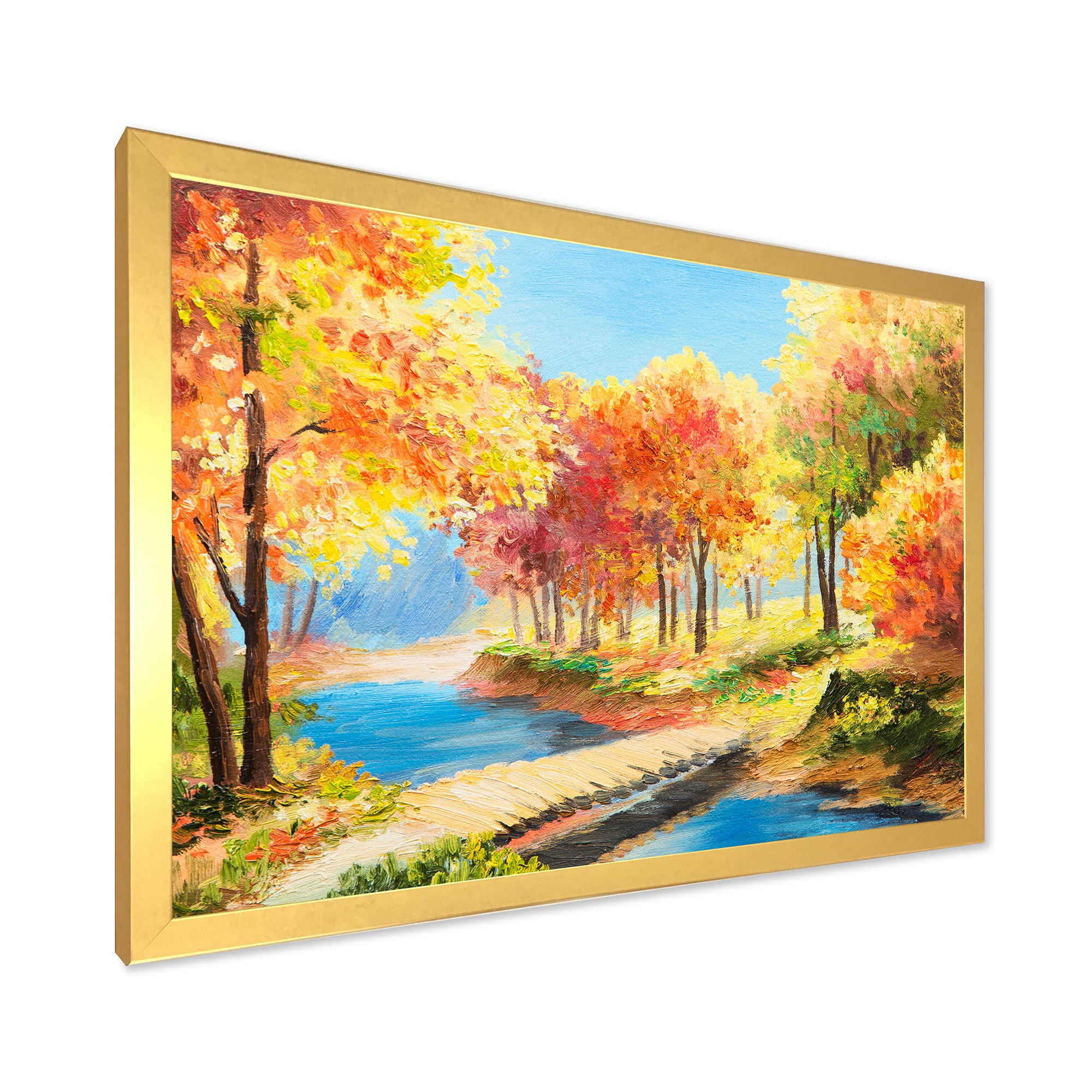Designart 'Orange and Yellow Trees By The Riverside' Lake House Framed Art Print