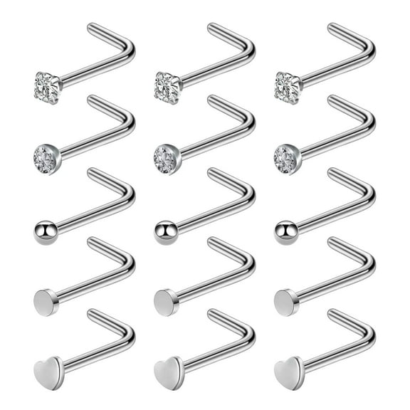 TELOLY Designice 15 Pcs Nose Rings L Shaped Nose Studs 20G Cubic Zirconia Heart Nose Screws Rings Set