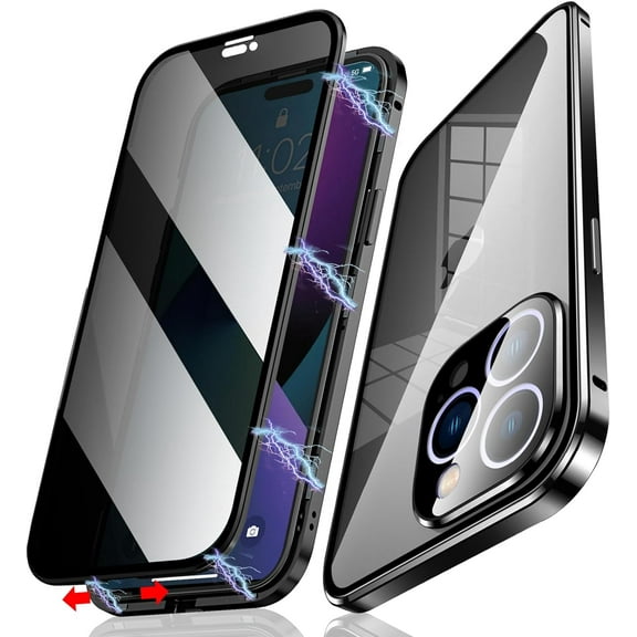 GGB-Privacy Magnetic Case for iPhone 15 Pro Max, Privacy Screen Safety Lock, Anti-Peep Double Sided 9H Glass Magnetic Adsorption Metal Bumper Case for iPhone 15 Pro Max, Black—0516