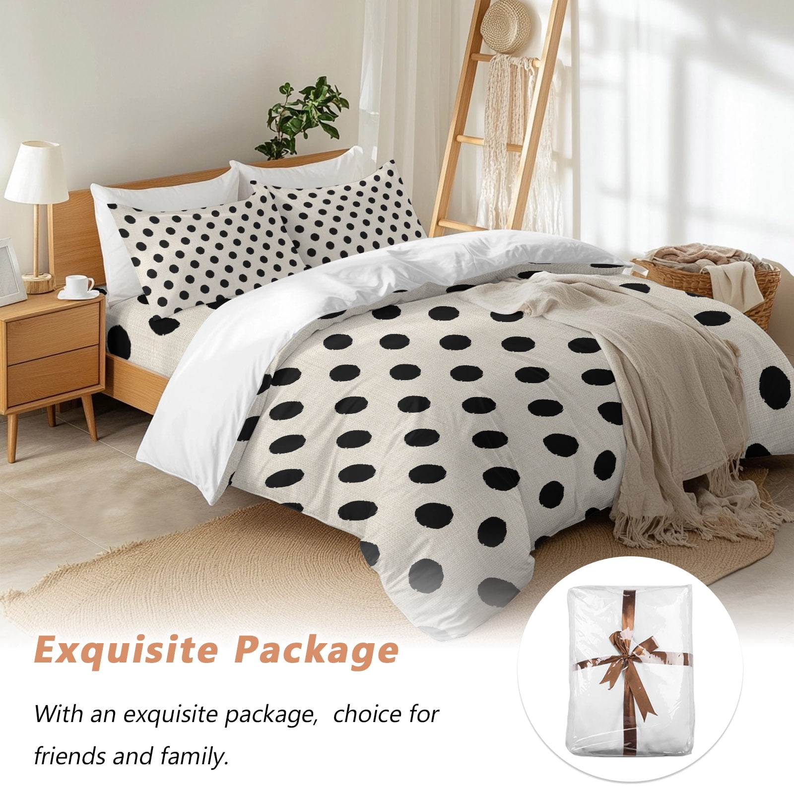 Black White Polka Dots California King Duvet Cover Set, Cute Solid Color Linen 4 Piece Microfiber Bedding Set with Zipper Closure, Bed Sheet and 2 Pillow Shams, Soft Bedding Cover