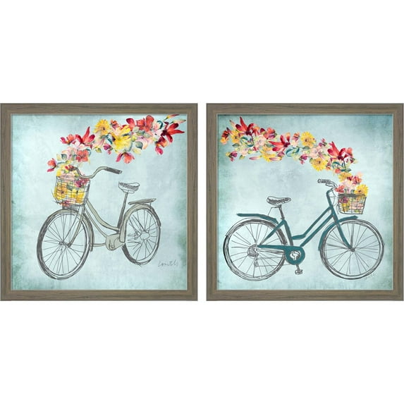 Great Art Now Floral Day Bike by Lanie Loreth, 2 Piece Framed Art Set Each 13"W x 13"H