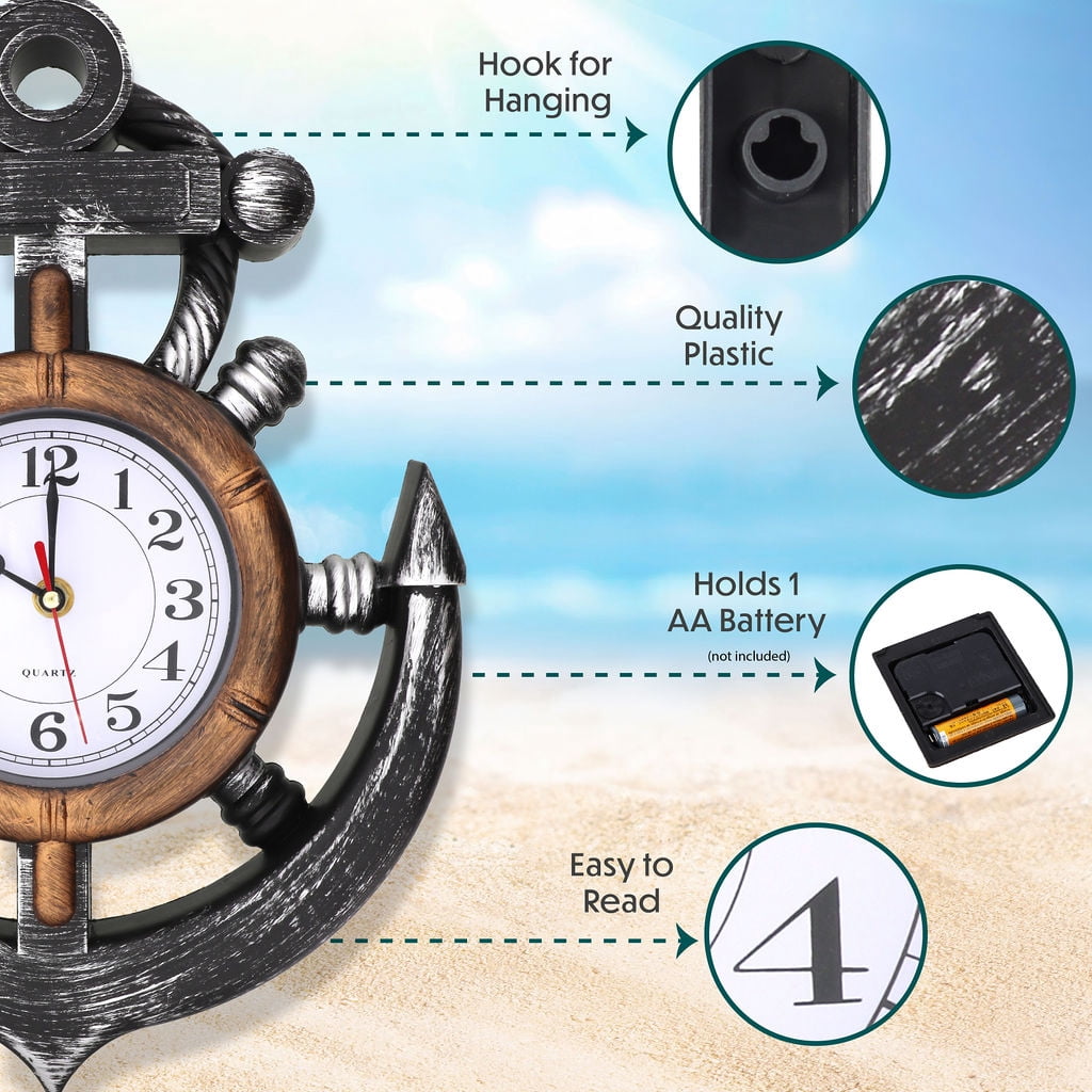 Anchor and Ships Wheel Nautical Themed Wall Clock, Silent No Tick Movement by Timely Furnishings