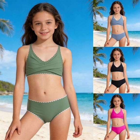 Toddler Girl Swimsuit Teen Crisscross Tie Back Bikini 2 Piece Swimsuit Set Baby Bathing Suit Girl Black 9-10 Years