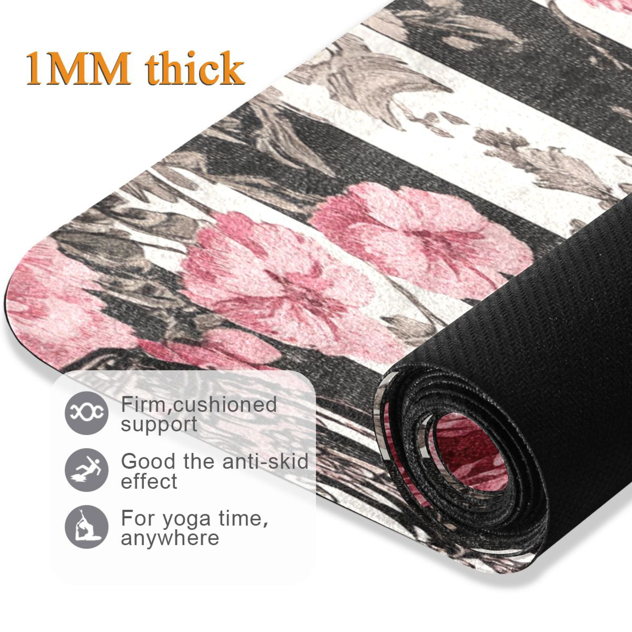 BZSMCE Yoga Mat Women Black White Stripes Pink Roses Fitness Mat