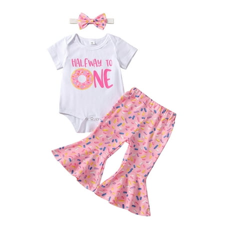 

Qtinghua Newborn Baby Girls Birthday Outfit Short Sleeve Romper Doughnut Flared Pants with Headband Set Pink 3-6 Months