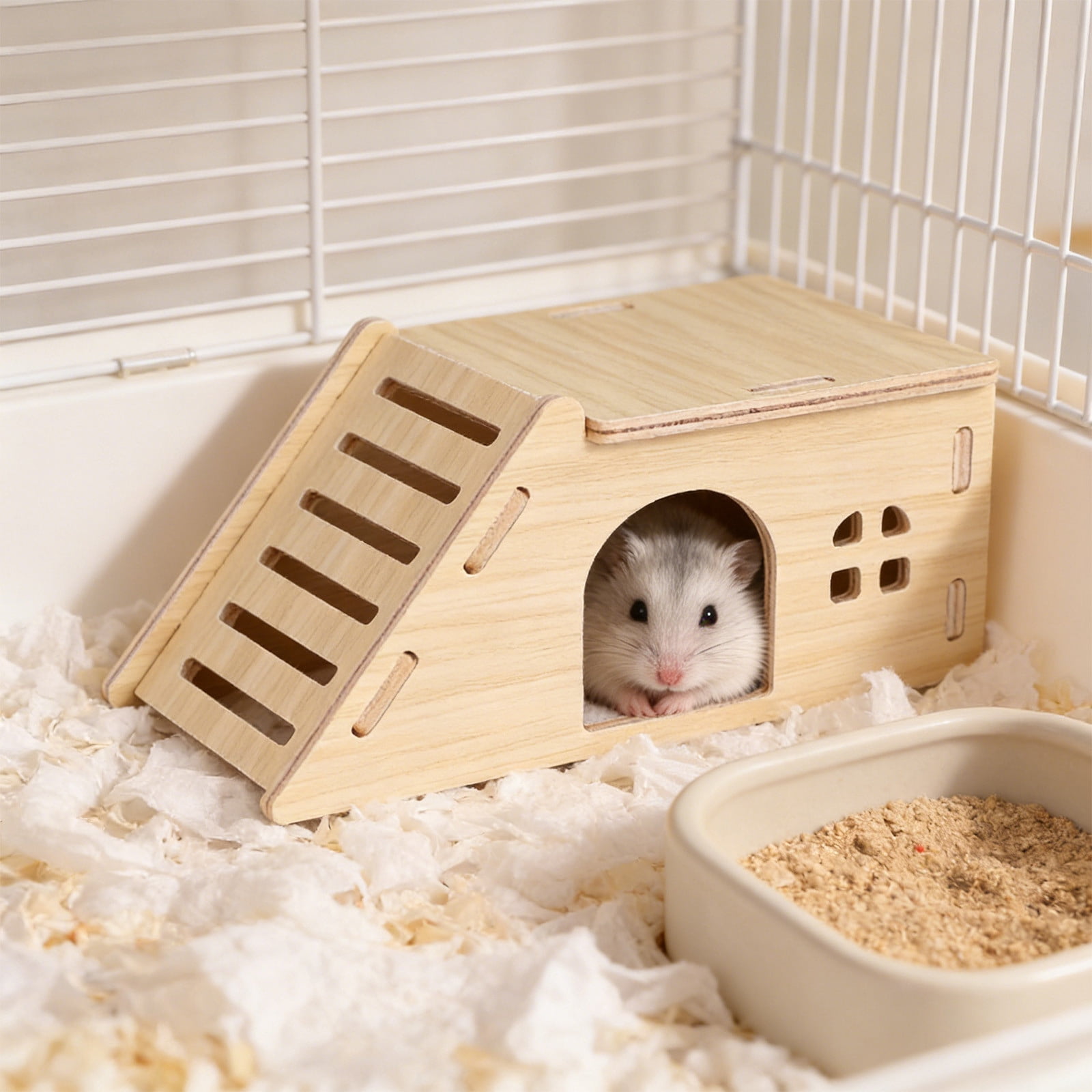 Nebwoak Natural Wood Hamster Hideout, Small Animal Chew Proof Teeth Grinding Bed for Gerbils, Solid Safe Hide House for Cage Sleeping