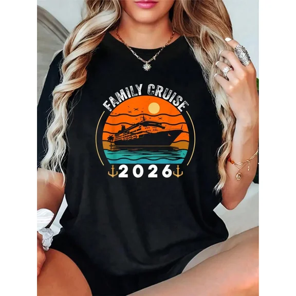 Family Cruise 2026 T-Shirt Retro Sunset Nautical Vacation Tee for Adults