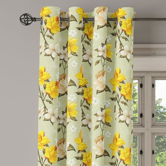 Ambesonne Spring Grommet Curtain Single Panel, Floral Narcissus Branch, 50"x60", Yellow Khaki Cream