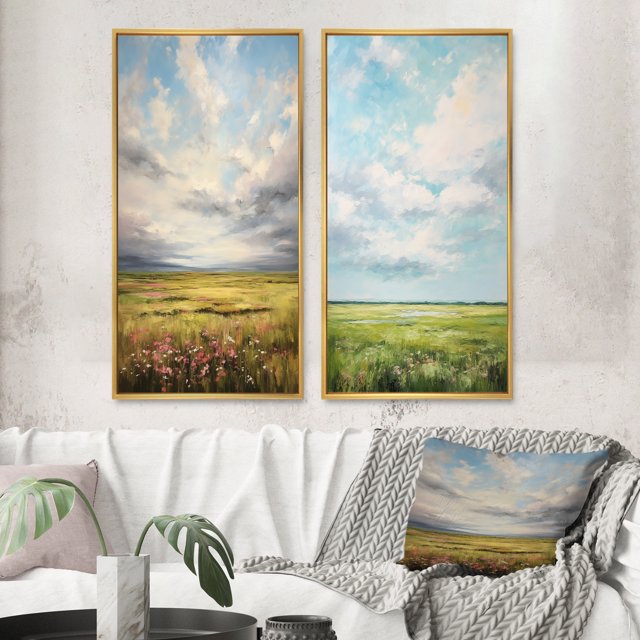 Designart "pasture Bold Horizon II" Meadow Framed Wall Art Set Of 2 - Green Landscapes Frame Gallery Set For Office Decor