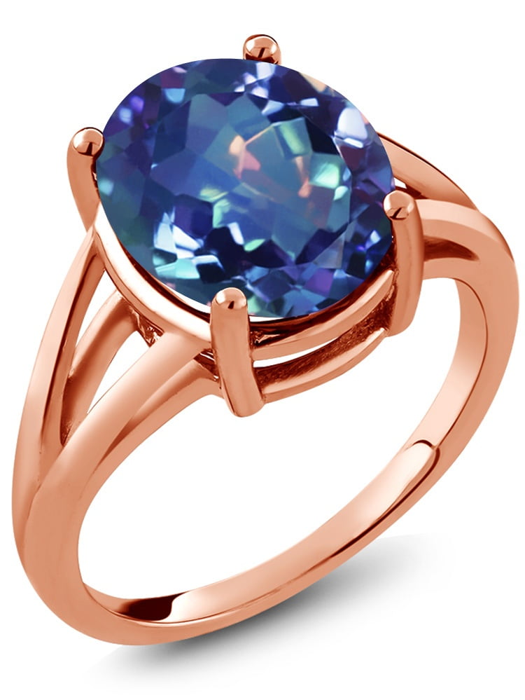 Gem Stone King 4.00 Ct Oval Millennium Blue Mystic Quartz 18K Yellow Gold Plated Silver Ring