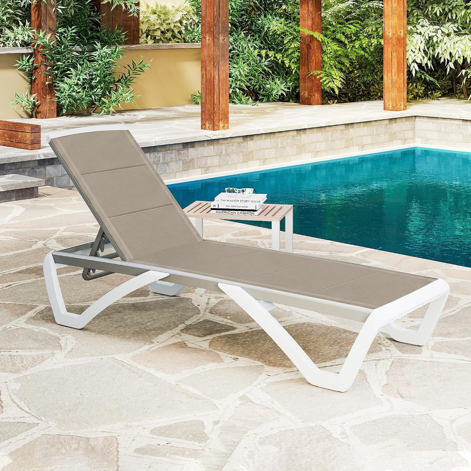 3D Pool Patio Lounger Chair Outdoor Chaise Lounge Chair, Brown, Aluminum Frame, All Weather Pool Lounge Chair for Deck Lawn Backyard