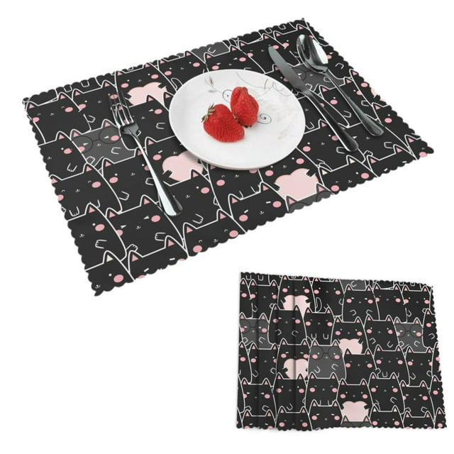 DouZhe Ensemble de 4 Polyester Placemats, Motif Kawai Mignons Chats Noirs Résistant à la Chaleur Place Mats pour Table à Manger, 12 Pouces x 18 Pouces