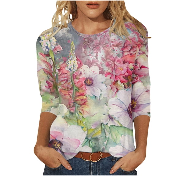 Srogem Long Sleeve Womens Tops Casual Floral Graphic Crew Neck Cute Tops 2025 Trendy Comfort Slim Blouses