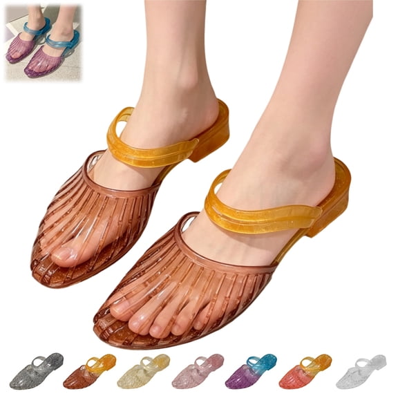 YOUYEDIAN Jelly Sandals for Women Summer Ballet Mesh Flats Shoes Dress Slip on Wide Closed Toe Mary Jane Mules Beach Walking Sandals (Brown)