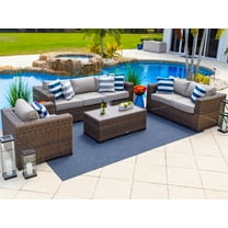 Tuscany 4 Piece XL Resin Wicker Outdoor Patio Conversation Sofa Set in Brown w/ Three-seat Sofa, Loveseat, Armchair, and Coffee Table (Half-Round Brown Wicker, Polyester Light Gray)