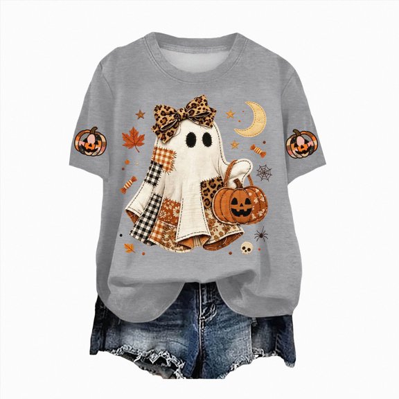 Leey-World Halloween Shirts for Women Short Sleeve Halloween Printed T-Shirt Tops for Women Graphic Shirt Crew Neck Season Tops