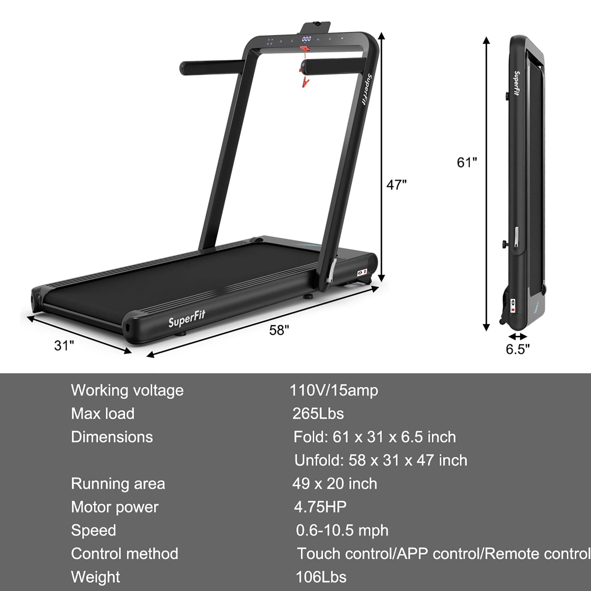 Costway 4.75HP 2 In 1 Folding Treadmill W/Remote APP Control Black