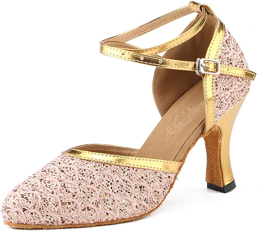 JUODVMP Women's Rhinestone Ballroom Dance Shoes - Latin Satin Salsa Heels Model YCL428 (3.5\" Heel)