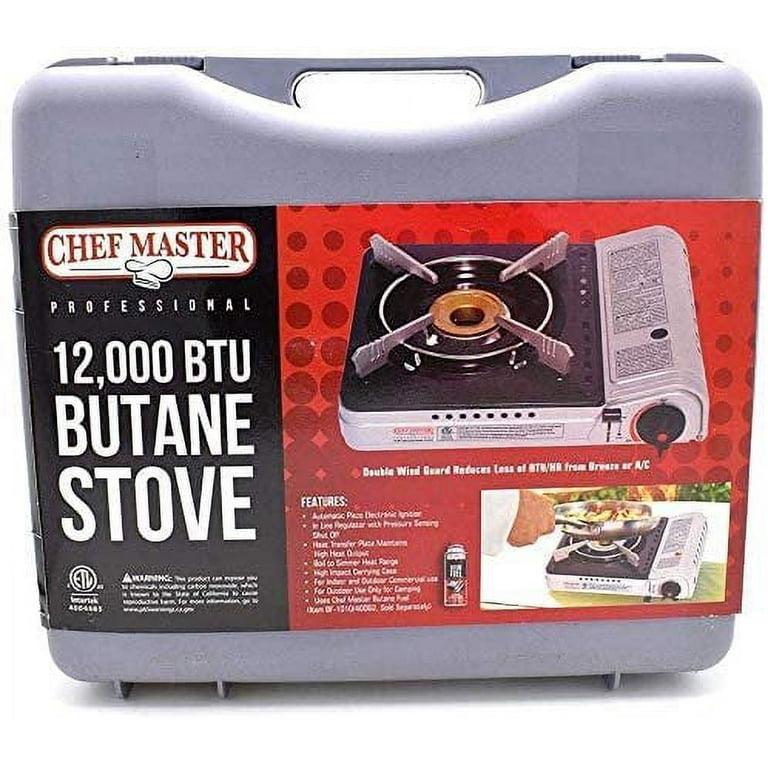 Chef Master 90235 Butane Countertop Stove 12,000 BTU, Professional Quality,  Portable, with Carry Case, High Performance, Electronic Ignition, Brass