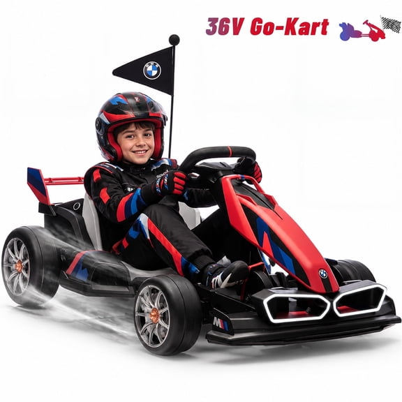 Licensed BMW Kids Electric Go Kart with Drift Mode, Dual 300W Motors, 36V Battery, Adjustable Seat & LED Lights, Akaber 2-Speed Red Drift Kart for Ages 6-12