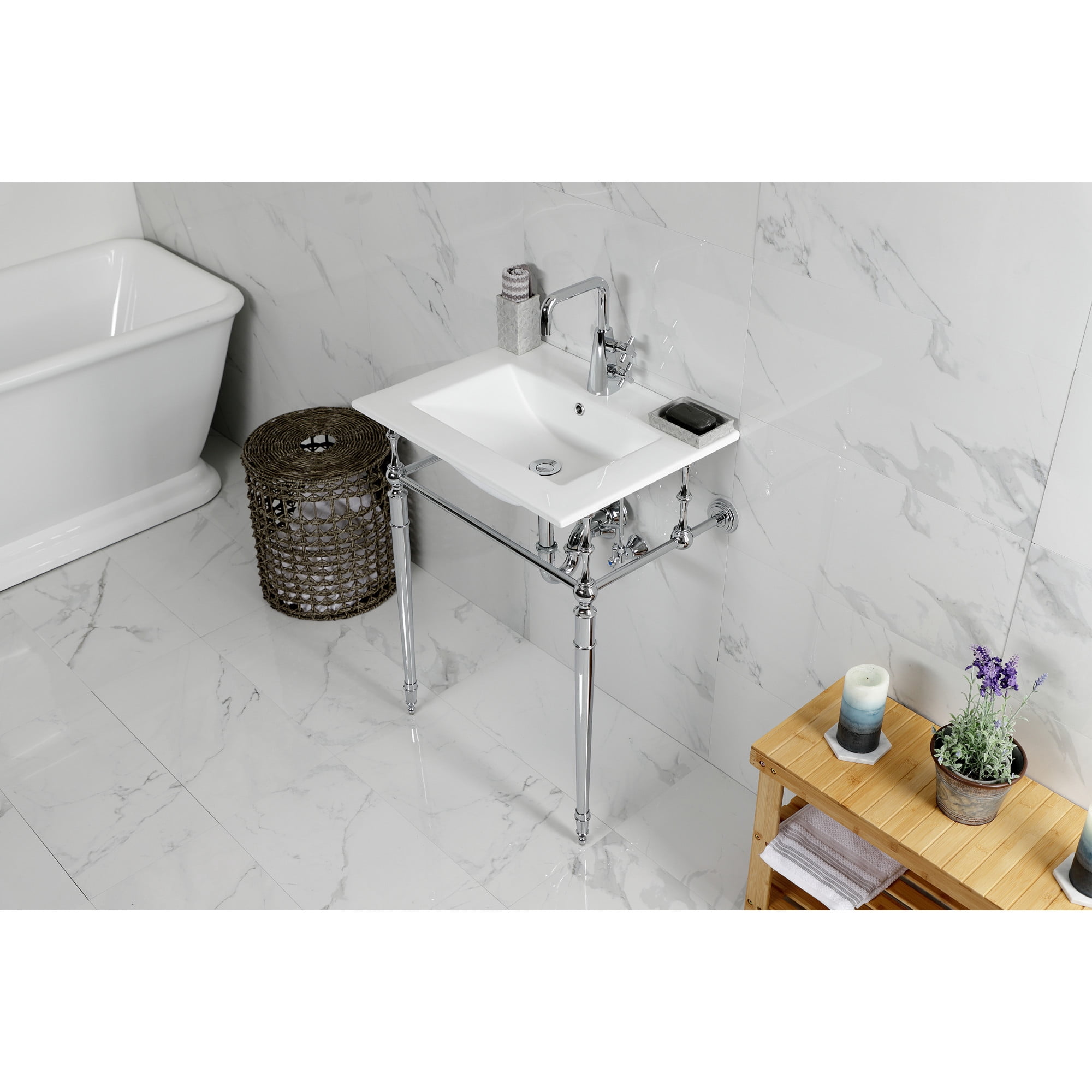 Kingston Brass KVPB24187W1CP Edwardian 24" Ceramic Console Sink with Brass Legs (1-Hole), White/Polished Chrome
