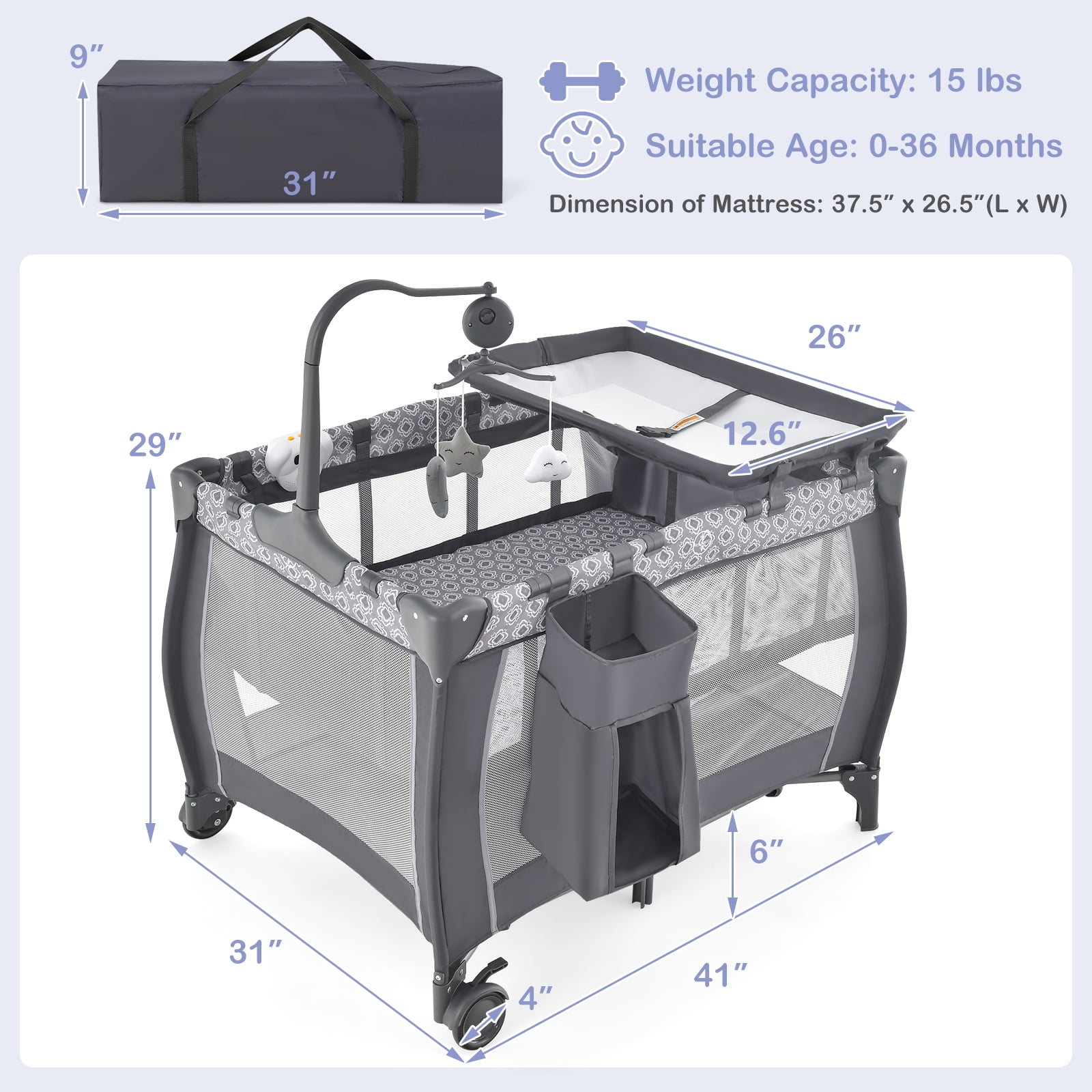 INFANS 3 in 1 Pack and Play, Portable Travel Baby Crib Bassinet with Detachable Mattress, Newborn Changing Table, Foldable Playpen with Carry Bag and 2 Wheels