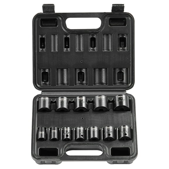 VEVOR 3/8" Drive Impact Socket Set, 12 Piece Shallow Socket Set SAE 5/16"-1", 6 Point Cr-Mo Alloy Steel for Auto Repair, Easy-to-Read Size Markings, Rugged Construction, Includes Storage Case
