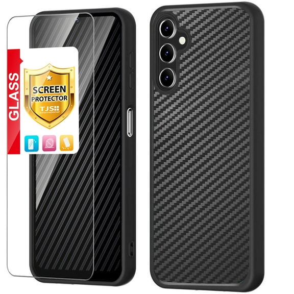 TJS for Samsung Galaxy A25 5G Phone Case, with Tempered Glass Screen Protector, Dual Layer Hybrid Shockproof Heavy Duty Cover for Galaxy A25 5G (Carbon Fiber Image)