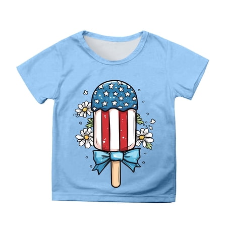 MIXUE Girls Tops & T-Shirts Kids Summer Fourth Of July Independence Day Ice Cream Print Round Neck Short Sleeve Casual Party Tee Shirts Sportwear Blue 6-7 Years