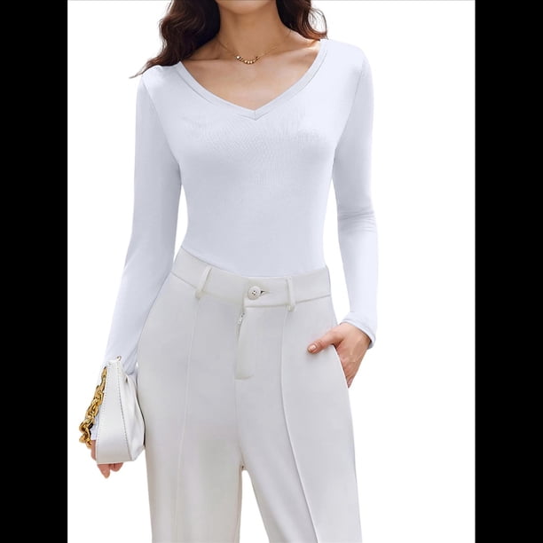 Camiseta Básica Ajustada de Punto Acanalado con Cuello en V y Larga para Mujer XXL