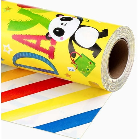 HOMERAL Reversible Birthday Wrapping Paper Roll, 17 Inch x 32.8 Feet Colorful Jungle Animals/Happy Birthday Lettering/Stripes Cute Yellow Gift Wrap Paper for Party, Shower, Holiday