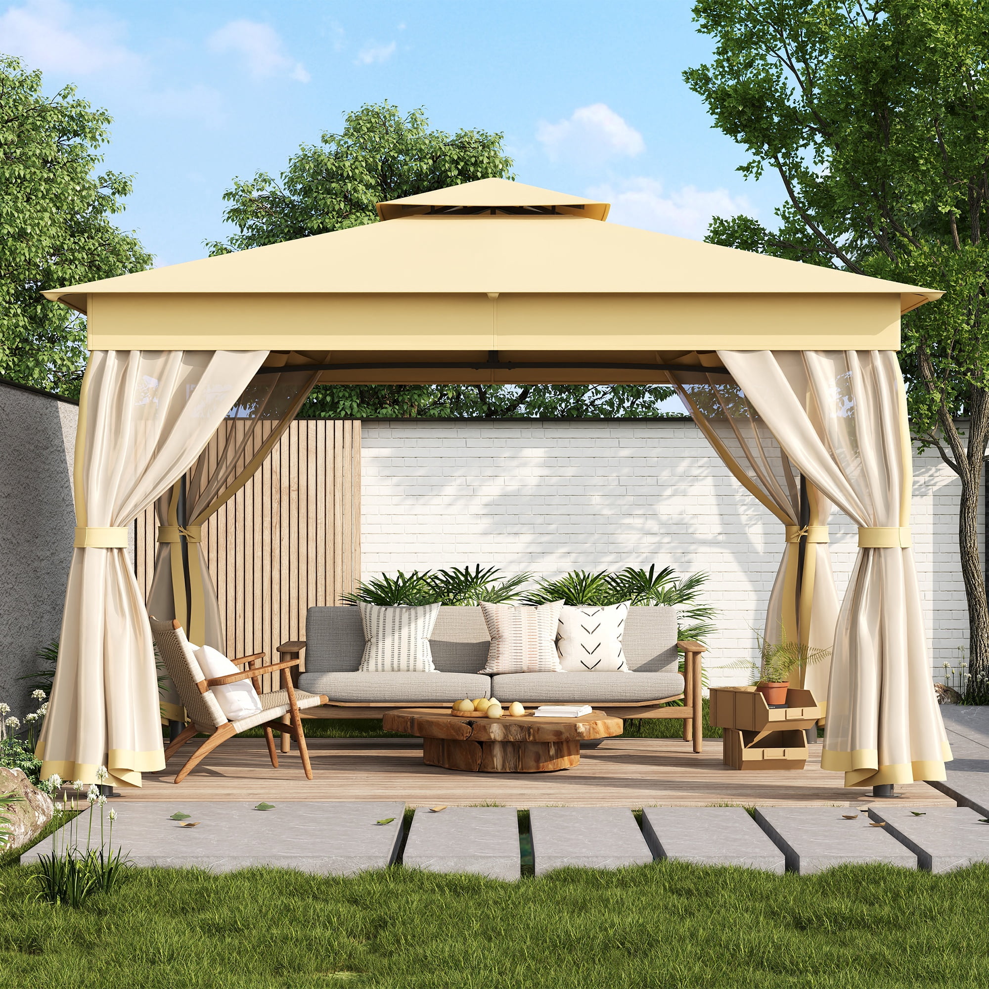 10'x12' Outdoor Gazebo Tent with Double Roofs, Patio Gazebo with Mosquito Netting, Patio Canopy for Backyard, Garden, Lawn and Deck,Beige